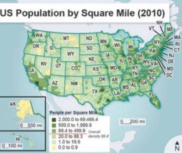 Examine the map showing US population distribution.

A map titled U S Population by Square Mile in