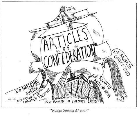 Based on this cartoon, what phrase is used to summarize all the weaknesses of the Articles of Confe