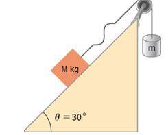 A mass of M-kg rests on a frictionless ramp inclined at 30°. A string with a linear mass density of