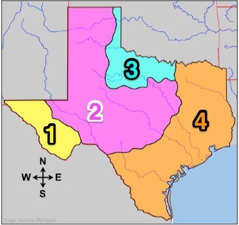 Which of these would you find in regions 1, 2, and 4?

A) Rio Grande
B) Colorado River
C) Davis Mo