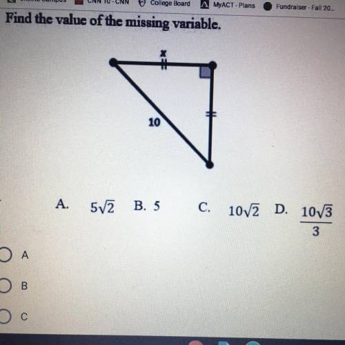 Find the value of the missing variable.

A.5|2
B.5
C.10|2
D.10|3/3
Or none of the above