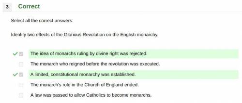 Identify two effects of the Glorious Revolution on the English monarchy.

1. The idea of monarchs