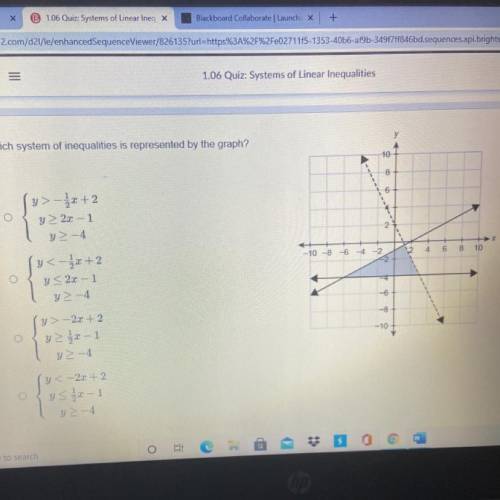 I NEED HELP ASAP IM

STRUGGLING
Which system of inequalities is represented by the graph?
A,b,c or