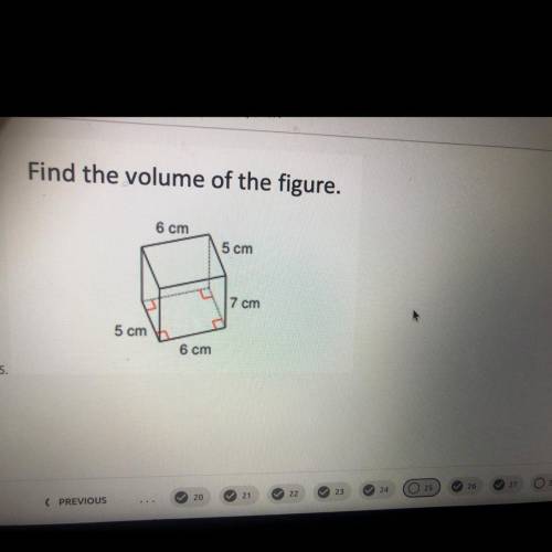 Find the volume of the figure.
6 cm
5 cm
7 cm
5 cm
6 cm
5.