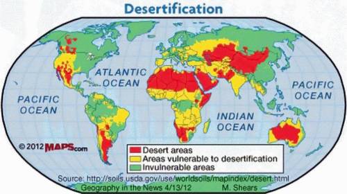 Based on the map, which two regions of Africa are MOST vulnerable to desertification? *

10 points