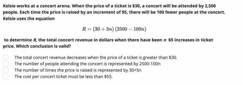 Kelsie works at a concert arena. When the price of a ticket is $30, a concert will be attended by 2