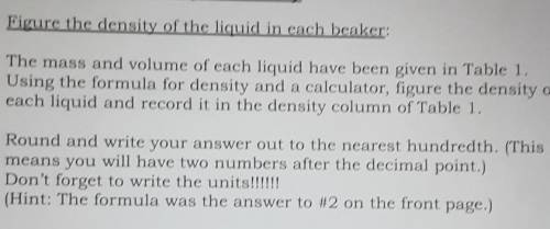 by . Figure the density of the liquid in each beaker: The mass and volume of each liquid have been
