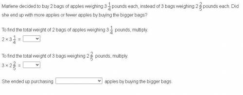 Marlene decided to buy 2 bags of apples weighing 3 1/4 pounds each, instead of 3 bags weighing 2 2/