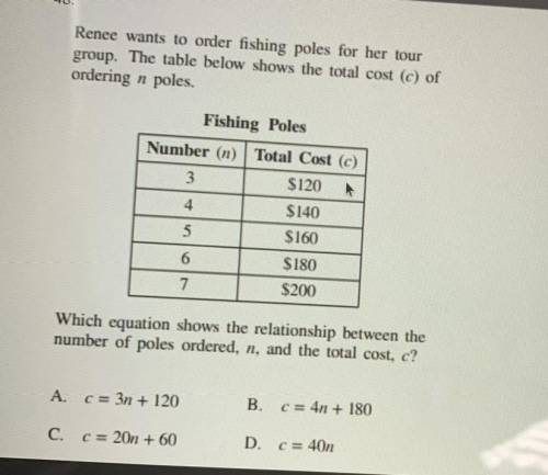 Which equation shows the relationship between the

number of poles ordered, n, and the total cost,
