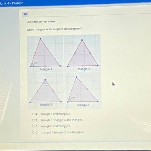 Select the correct answer. 
Which Triangles in the diagram are congruent?