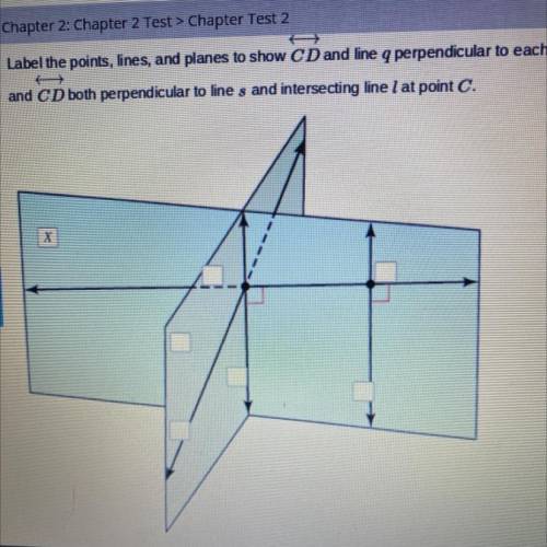 Label the points, lines, and planes to show CD and line q perpendicular to each other in plane X at