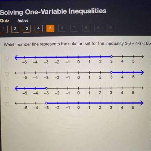 Which number line represents the solution set for the inequality 3(8 - 4x) < 6(x - 5)?