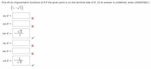 Find all six trigonometric functions of θ if the given point is on the terminal side of θ. (If an a