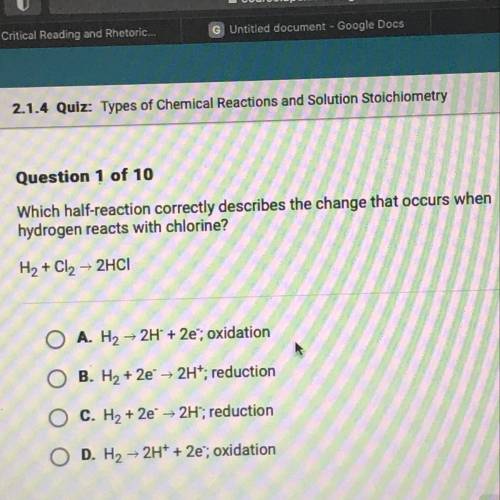 Which half-reaction correctly describes the change that occurs when hydrogen reacts with chlorine?