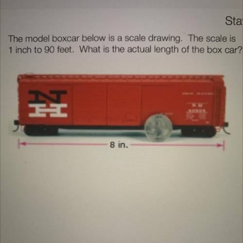 The model boxcar below is a scale drawing. The scale is

1 inch to 90 feet. What is the actual len