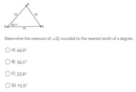 Determine the measure of ∠Q, rounded to the nearest tenth of a degree.
images attached.
