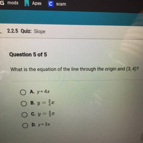 What is the equation of the line through the origin and (3, 4)? Apex learning help will give u brai