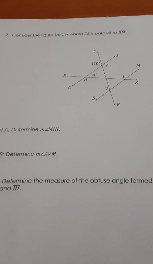C: Determine the measure of the obtuse angle formed at the intersection of AV and HI