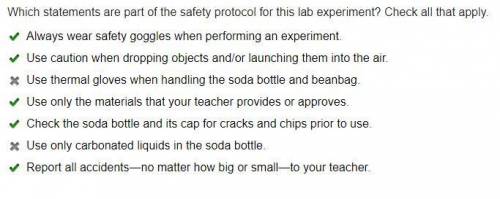 Which statements are part of the safety protocol for this lab experiment? Check all that apply.

v