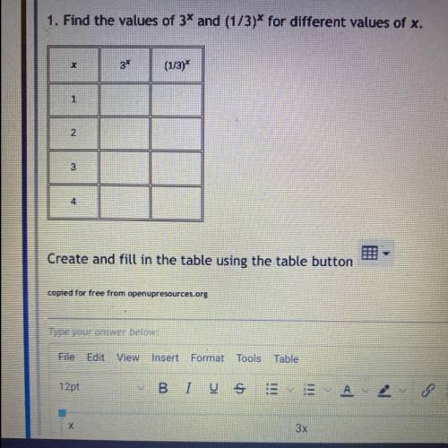 YOULL GET 10 POINTS
Find the values of 3* and (1/3)* for different values of x.