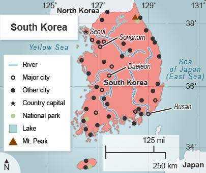 This is a map of South Korea.

South Korea is located between which lines of longitude?