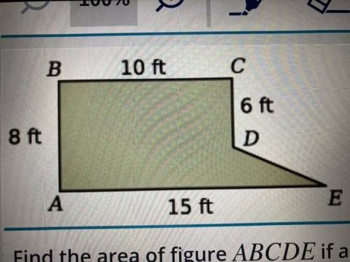 Find the area of figure

ABCDE if angles A, B, and Care right angles.
O A. 90 square feet
OB. 155
