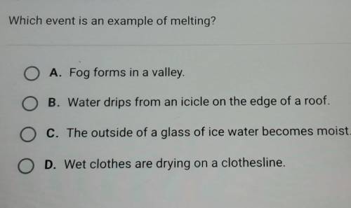 Which event is an example of melting?

A. Fog forms in a valley. B. Water drips from an icicle on