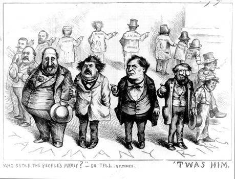 Who stole the people's money? (political cartoon)

1. What are the men doing?
2. Who do the men re