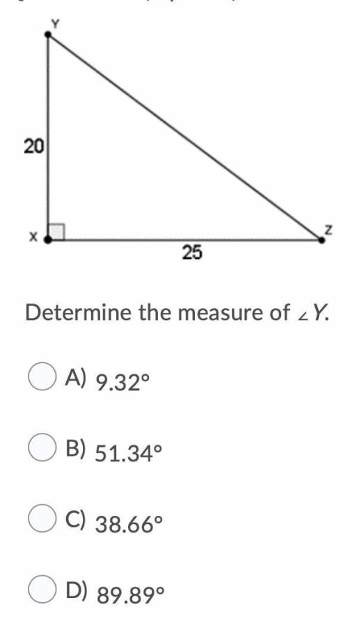 Please help ASAP WILL GIVE BRAINLIEST

Determine the measure of ∠Y.
Question 10 options:
A) 
9.32°
