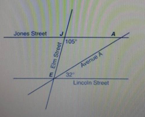 Find the measure of angle JEA. Jones Street and Lincoln Street are parallel.