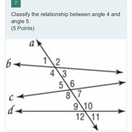 Classify the relationship between angle 4 and angle 5.