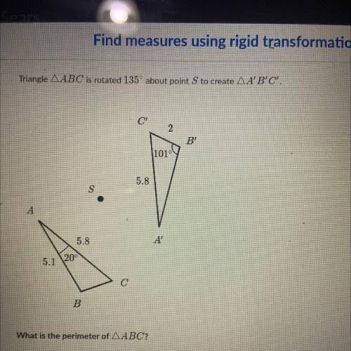 Triangle ABC is rotated 135 degrees about point S to create A’ B’ C’

What is the perimeter of ABC