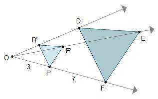 Point O is the center of dilation. Triangle D E F is dilated to create smaller triangle D' E' F'. T