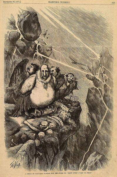 In this political cartoon, showing Boss Tweed and his associates as vultures perched on a corpse re