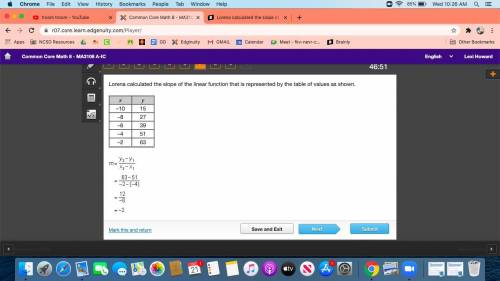 Lorena calculated the slope of the linear function that is represented by the table of values as sh