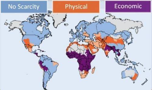 According to the map below, which of the following statements best describes water scarcity in the