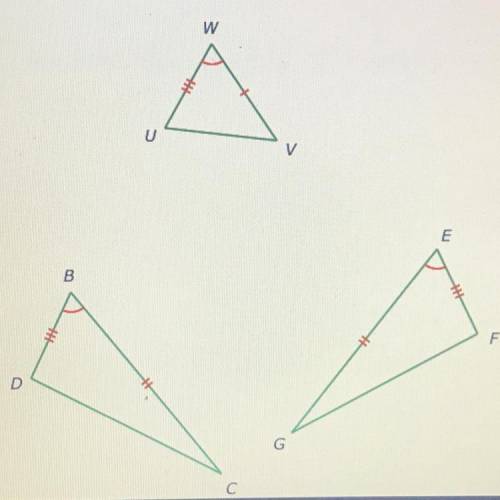 Which two triangles are congruent by the SAS Theorem? Complete the congruence
statement.