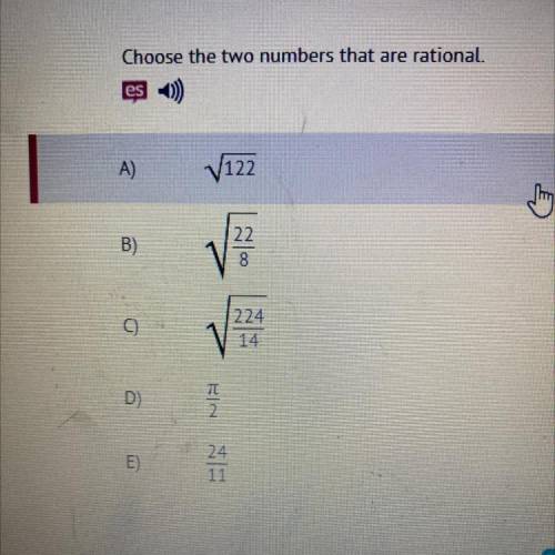 Choose the two numbers that are rational.

A)
V122
B)
22
8
thing
Elin
V
224
14
D)
Na
E)
24
11