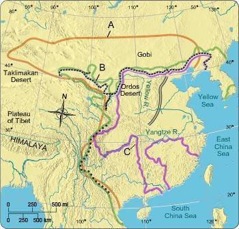 Which labeled line marks the boundary of the Qin empire?
A.
B.
C.
