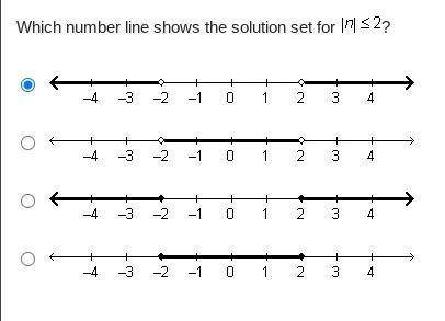 Which number line shows the solution set for StartAbsoluteValue n EndAbsoluteValue less-than-or-equ