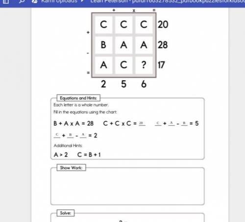 Each letter is a whole number fill in the equations using the chart edhelper