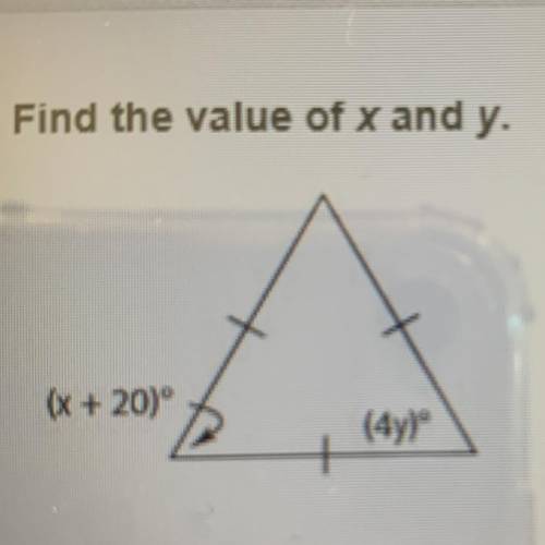 Geometry 
Find the value of x and y.
x + 20°
(4y)