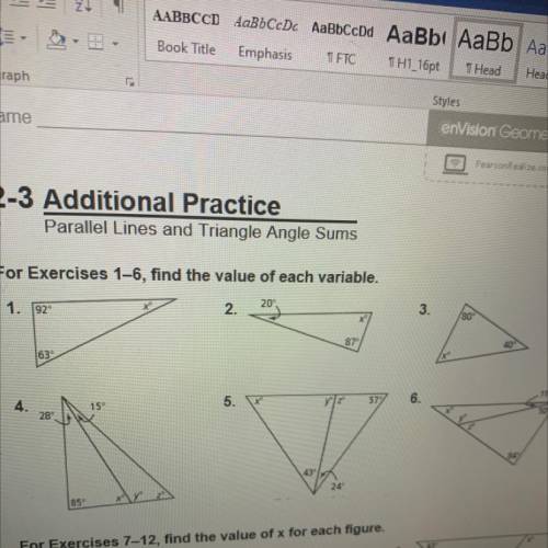 2-3 Additional Practice

Parallel Lines and Triangle Angle Sums
For Exercises 1-6, find the value