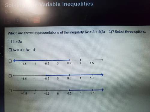 Which are correct representations of the inequality 6x greater than or equal to 3 + 4(2x-1)? Select