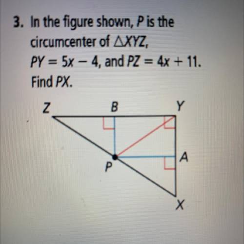 In the figure shown, P is the

circumcenter of AXYZ
PY = 5x – 4, and PZ = 4x + 11.
Find PX.