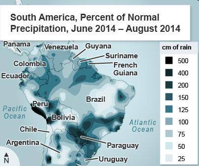 This is a map of South America.

What information is represented in this map?
precipitation levels