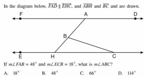 If m∠FAB = 48° and m∠ECB = 18°, what is m∠ABC?