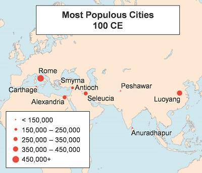 The map shows the most populated cities in the ancient world in 100 CE.

Which two cities had the