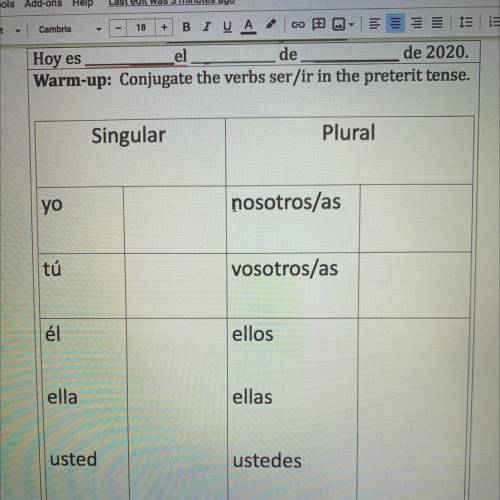 Warm-up: Conjugate the verbs ser/ir in the preterit tense.

Singular
Plural
yo
nosotros/as
tú
voso