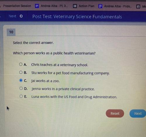 Select the correct answer.

Which person works as a public health veterinarian?
Ο Α. .
Chris teach